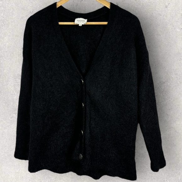 Sezane Black Charles Cardigan Knit Sweater Size Large‎ Mohair V-Neck Merino Wool - Picture 13 of 14